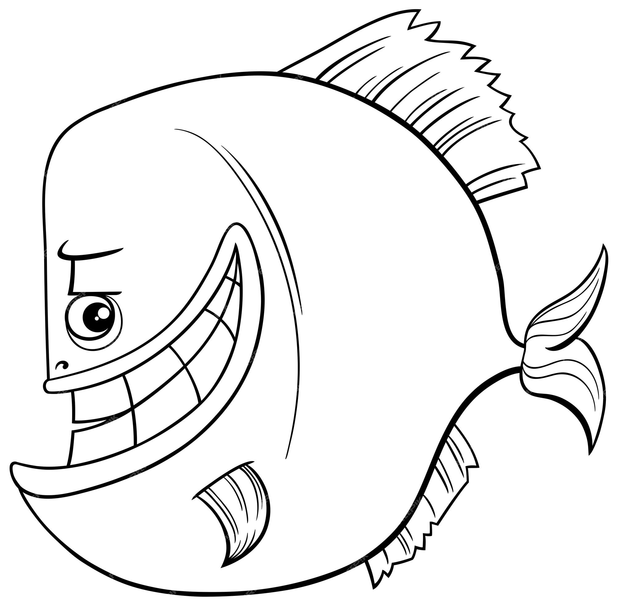 Premium vector cartoon piranha fish animal character coloring page