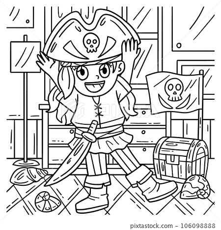 Girl putting on pirate hat coloring page for kids