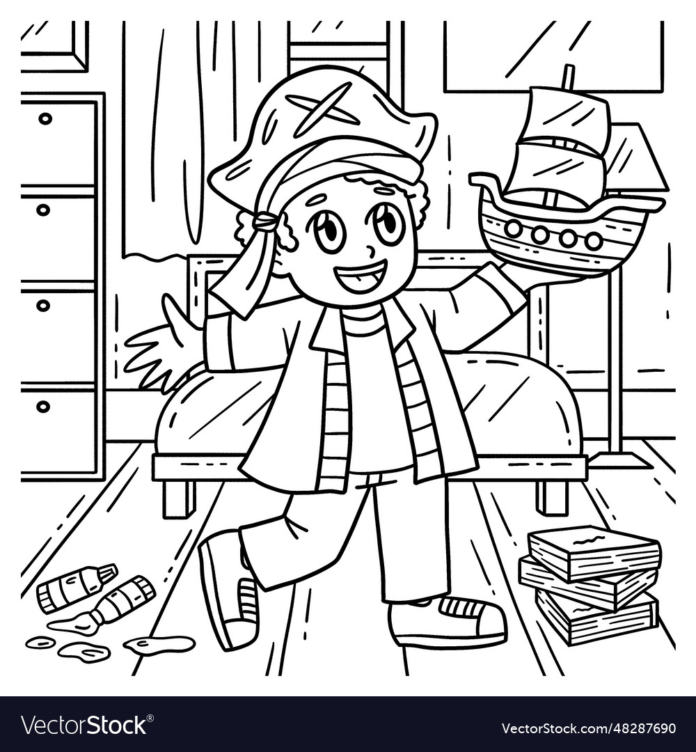 Child with pirate hat and model ship coloring page