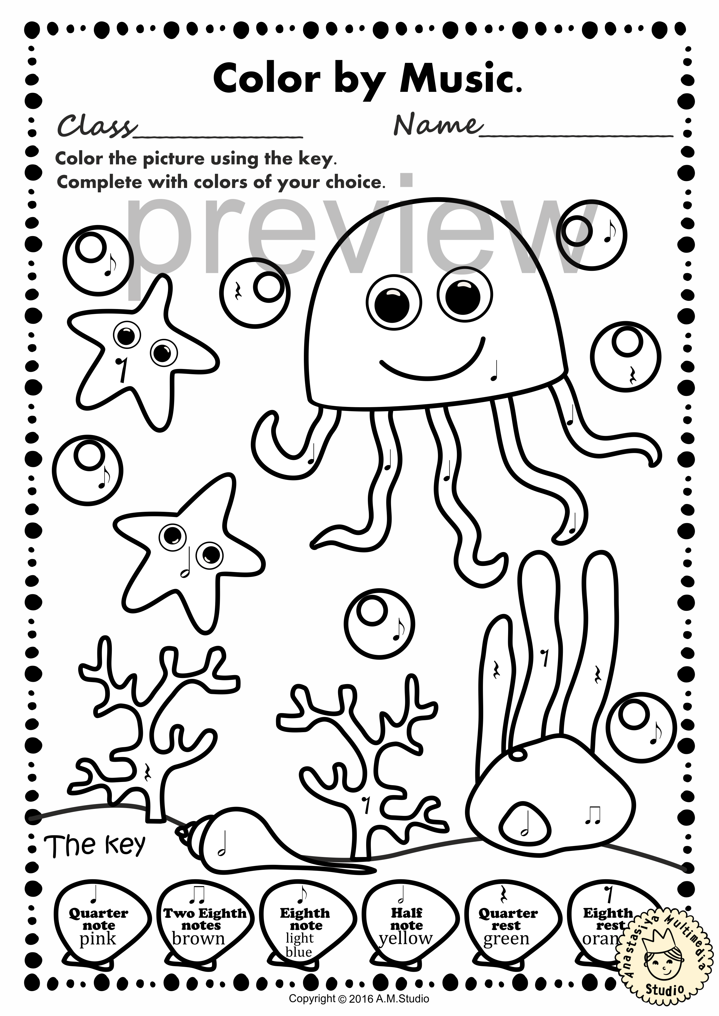 Ocean animals music coloring pages worksheets color by notes and â