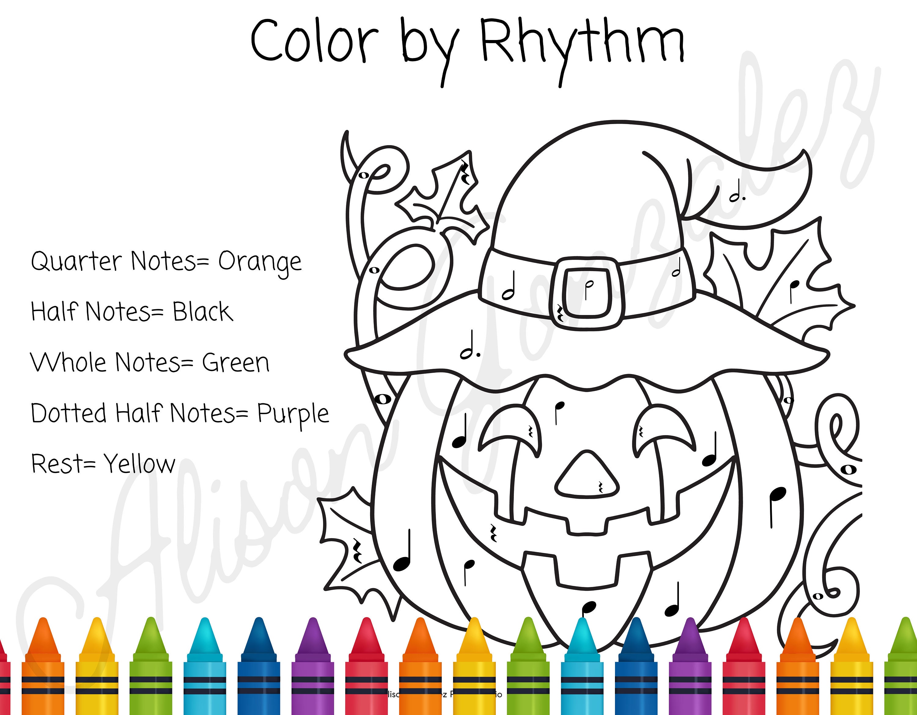 Primer level rhythm jackolantern color by number music piano lessons tool for learning musical symbols digital download