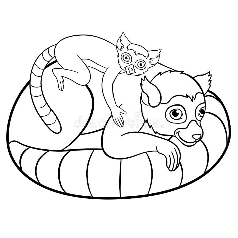 Coloring pages mother lemur with her cute baby stock vector