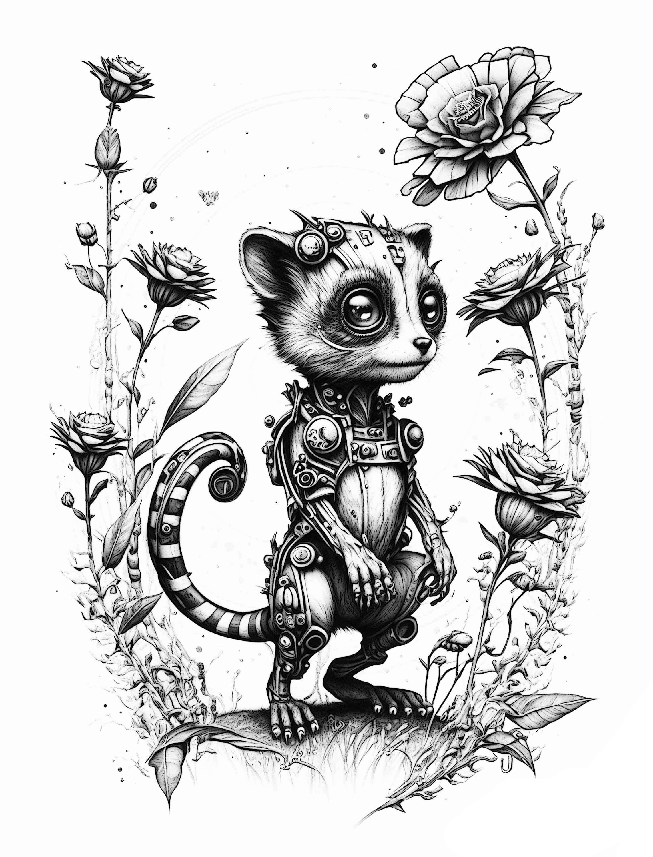 Cute biomechanical lemur coloring sheet adult fantasy ai coloring page of a cyborg ring