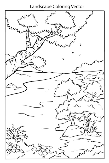 Premium vector coloring pages for kids a turtle sits by a river and looks at the river