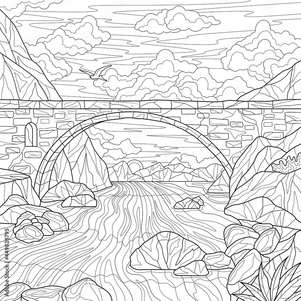 Bridge and riverscenerycoloring book antistress for children and adults illustration isolated on white backgroundzen