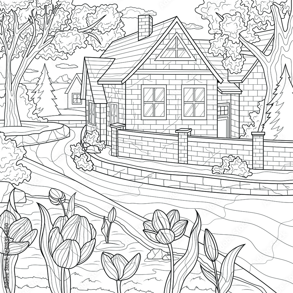 House by the rivercoloring book antistress for children and adults illustration isolated on white backgroundzen