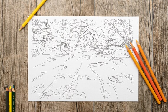 Stream in the forest printable adult coloring page forest coloring page river coloring page mountains coloring page nature coloring