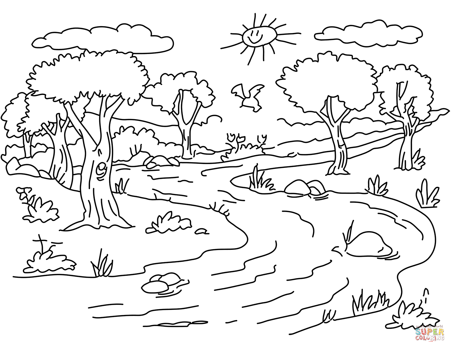 River landscape coloring page free printable pages for paisajes naturales dibujo paisaje para colorear paisajes dibujos