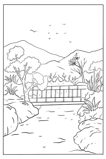 Premium vector coloring page of a river with a bridge and mountains in the background