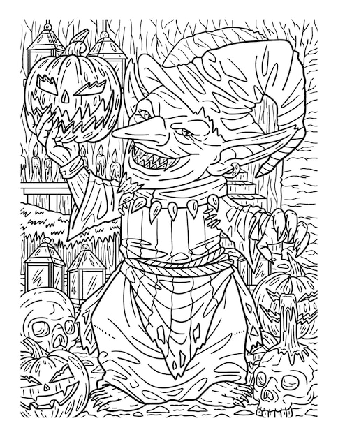 Premium vector halloween goblin hat robe coloring page for adults