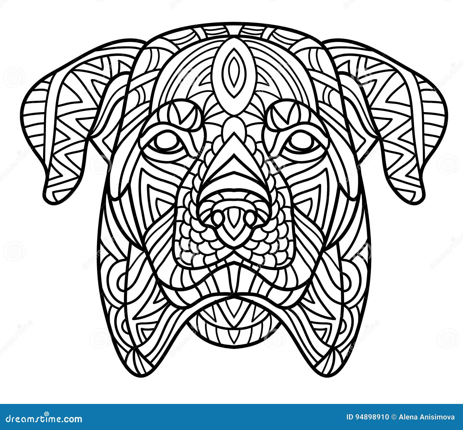 Monochrome ink drawing coloring book for adults the head of a rottweiler with tribal pattern zenart stock vector