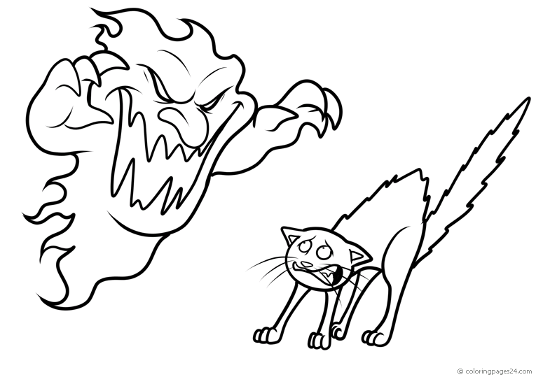 Ghost scares a cat coloring pages