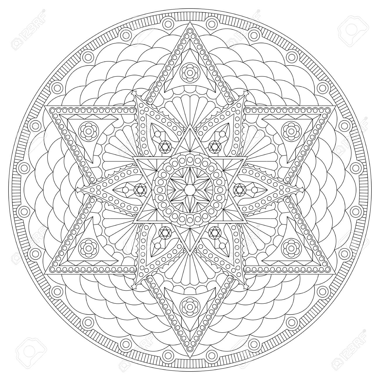 Coloring page with round mandala with six