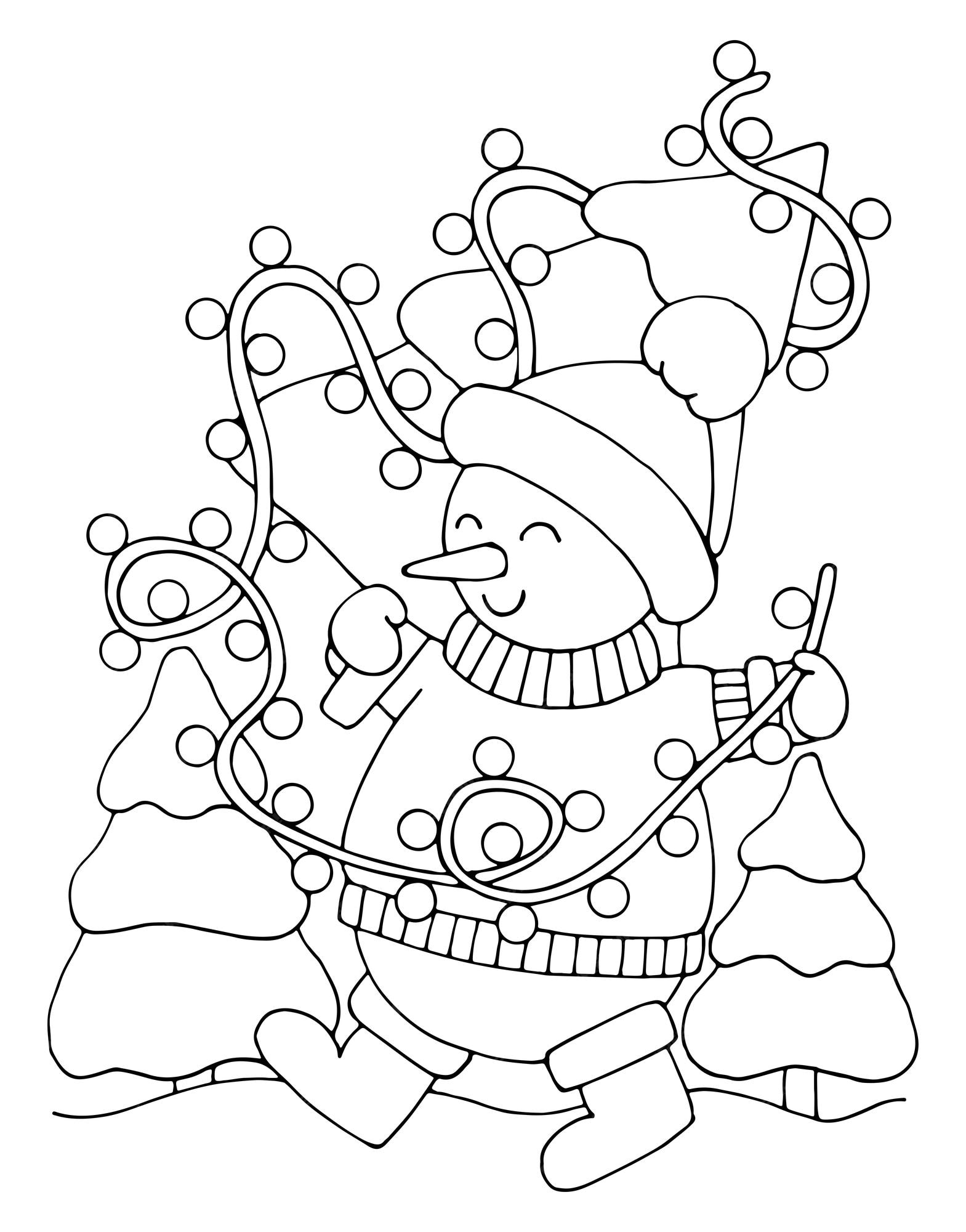 Premium vector winter coloring page with a snowman in a sweater and a hat in the forest carries a christmas tree decorated with a garland hand drawn vector thin line art