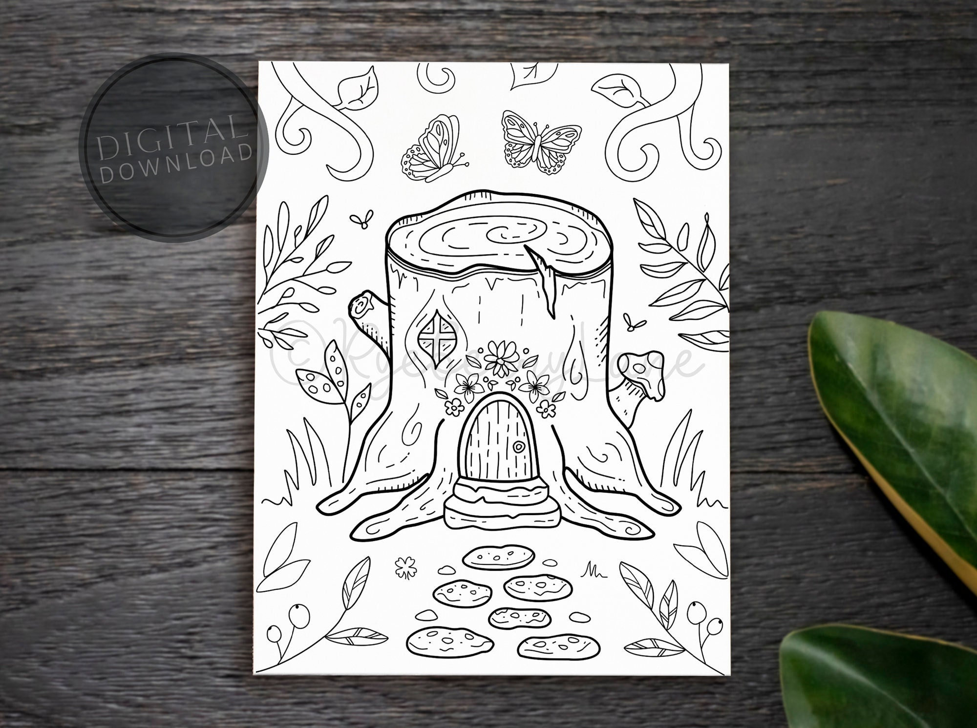 Tree stump house coloring page printable nature coloring fantasy digital coloring book flowers butterflies mushrooms kids adult coloring