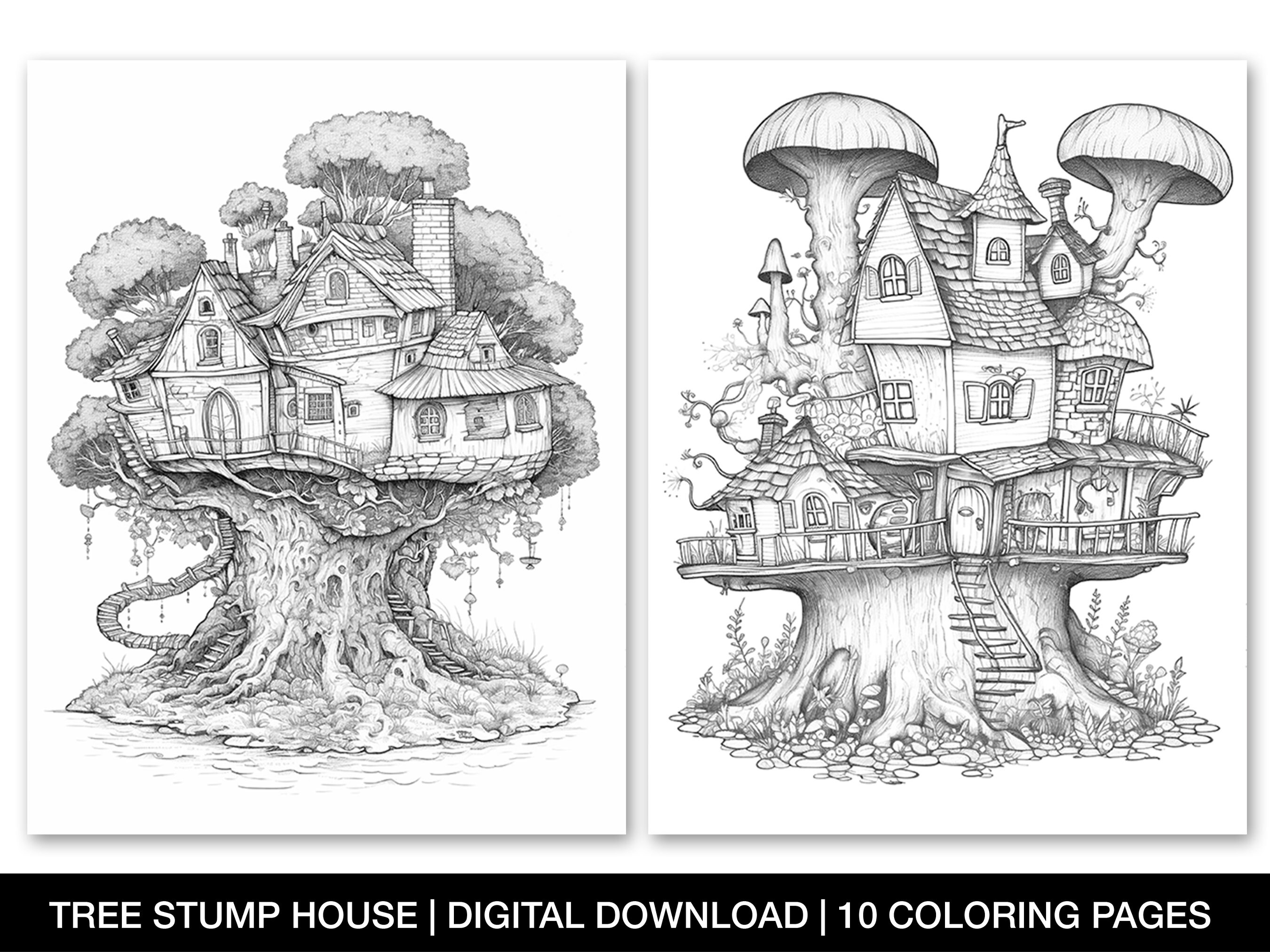 Tree stump coloring pages adult coloring sheets printable coloring pages whimsical coloring fantasy house digital download coloring