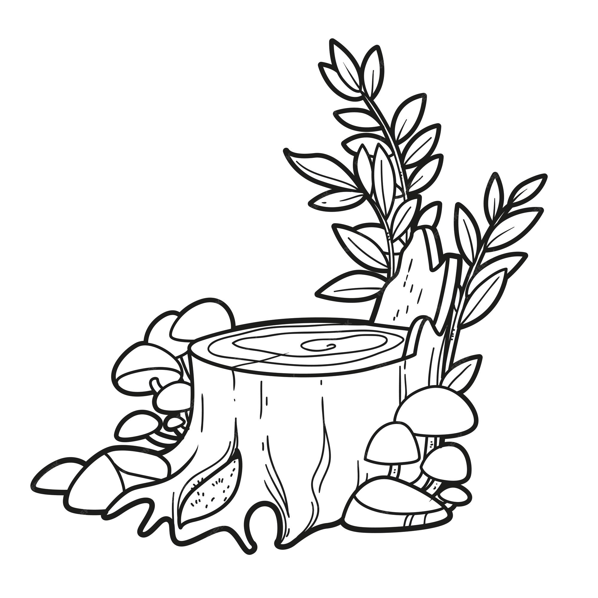 Premium vector big stump with toadstools and new tree shoots linear drawing for coloring isolated on white background