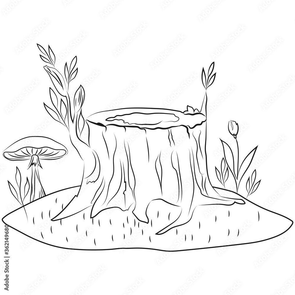 Coloring page cartoon cute stump illustration childish design for kids activity colouring book about mushroom forest colorless illustration for book cover freehand sketch illustration