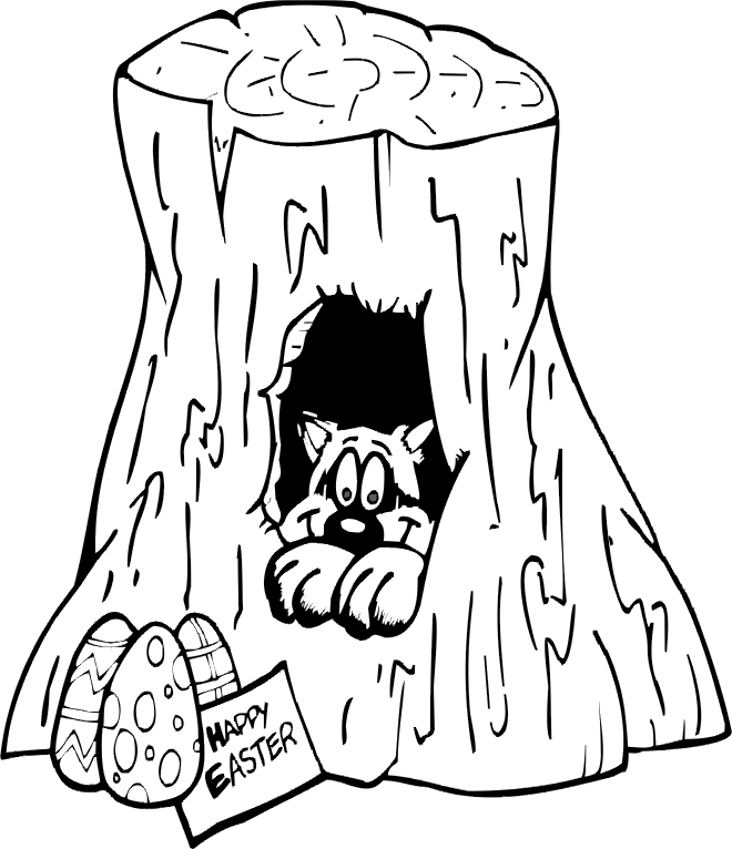 Happy easter coloring page a happy easter sign by a tree stump