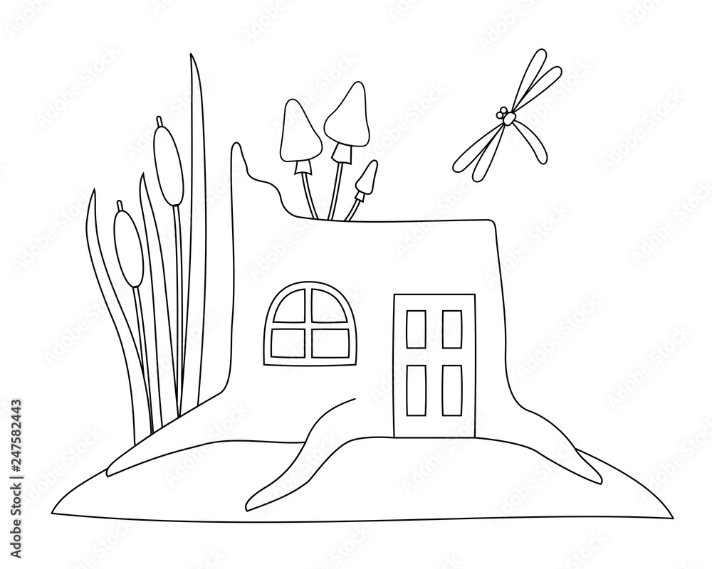 Fairy tale house in a tree stump line art for coloring book vector coloring page vector