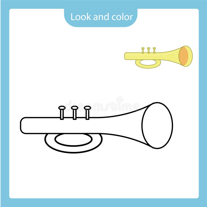 Coloring page outline of trumpet toy with example stock illustration