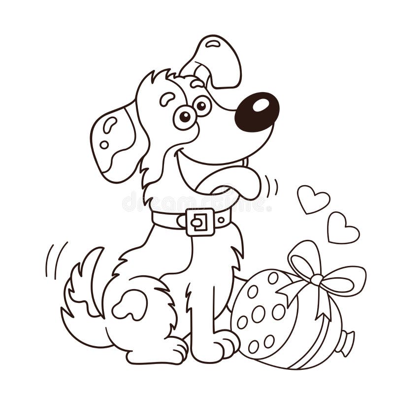 Coloring page outline of cartoon dog with sausage greeting card birthday valentines day stock vector