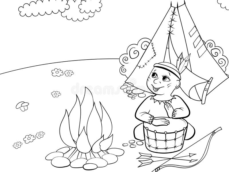 Children drawing coloring theater scene boy plays the role of indian near fire and wigwam stock illustration