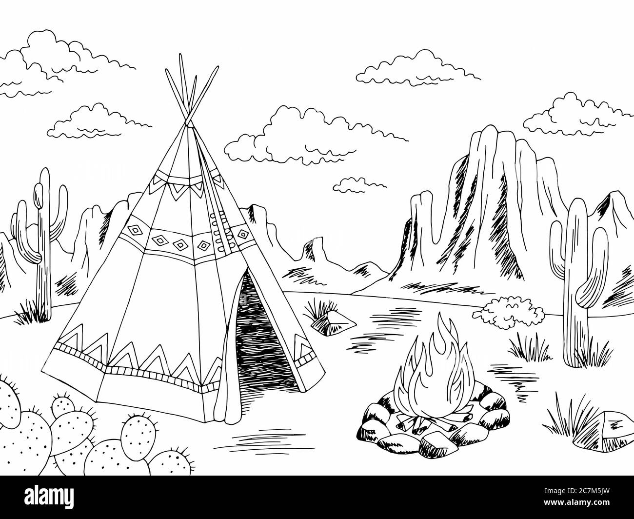 Wigwam american indian house exterior graphic black white landscape sketch illustration vector stock vector image art