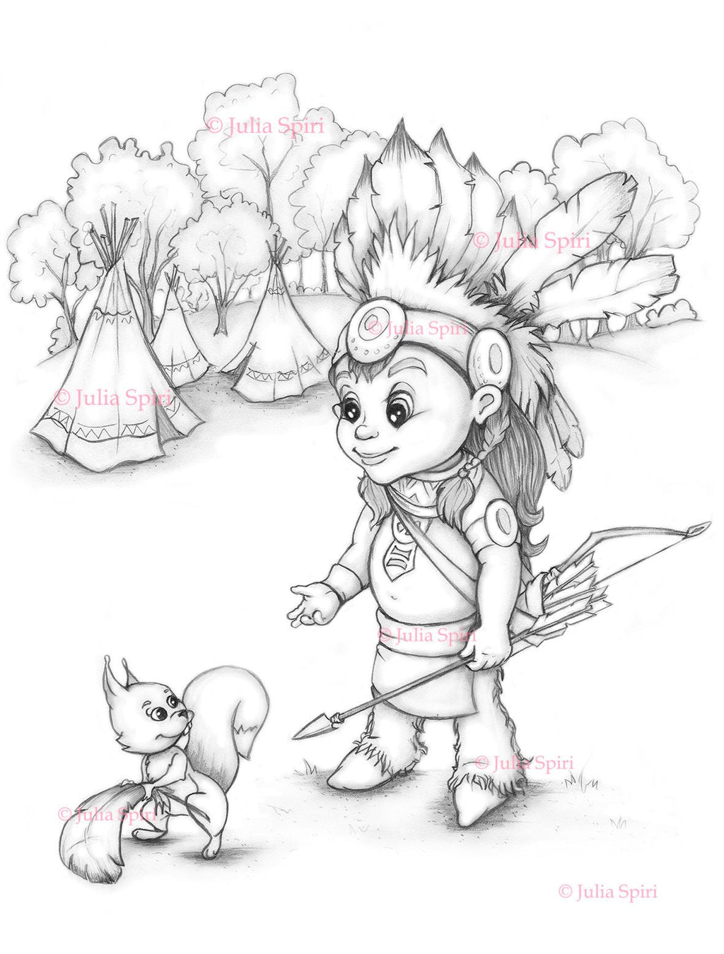 Coloring page whimsy boy in wigwam indian and squirrel â the art of julia spiri