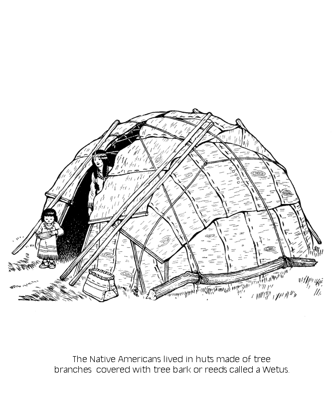 The pilgrims coloring pages native americans lived in a wetus hut coloring pages usa