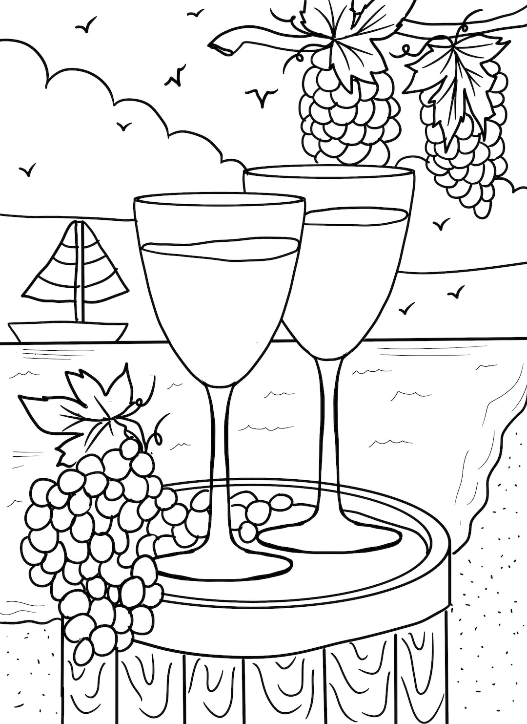 Wine and sailboat coloring page digital download pdf grapes sun wine glass beach shore