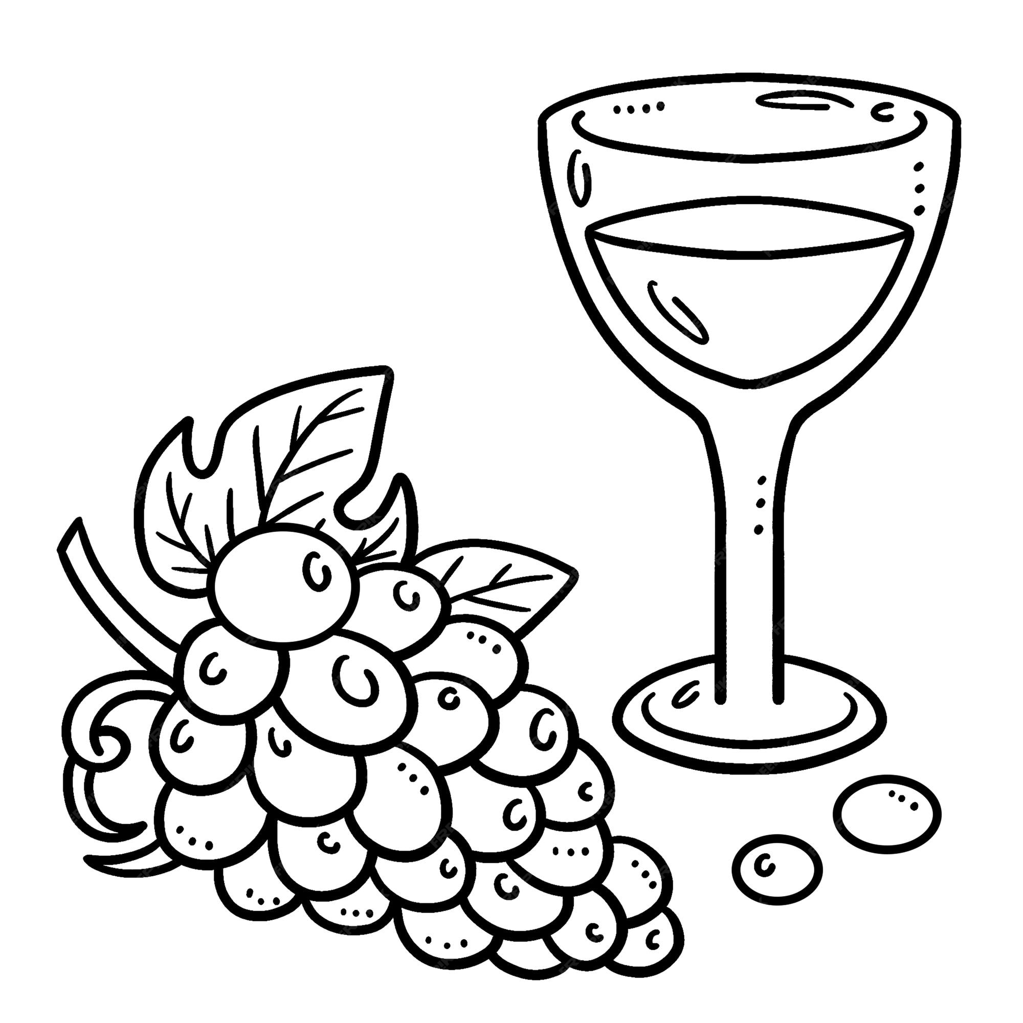 Premium vector glass of wine and grapes isolated coloring page