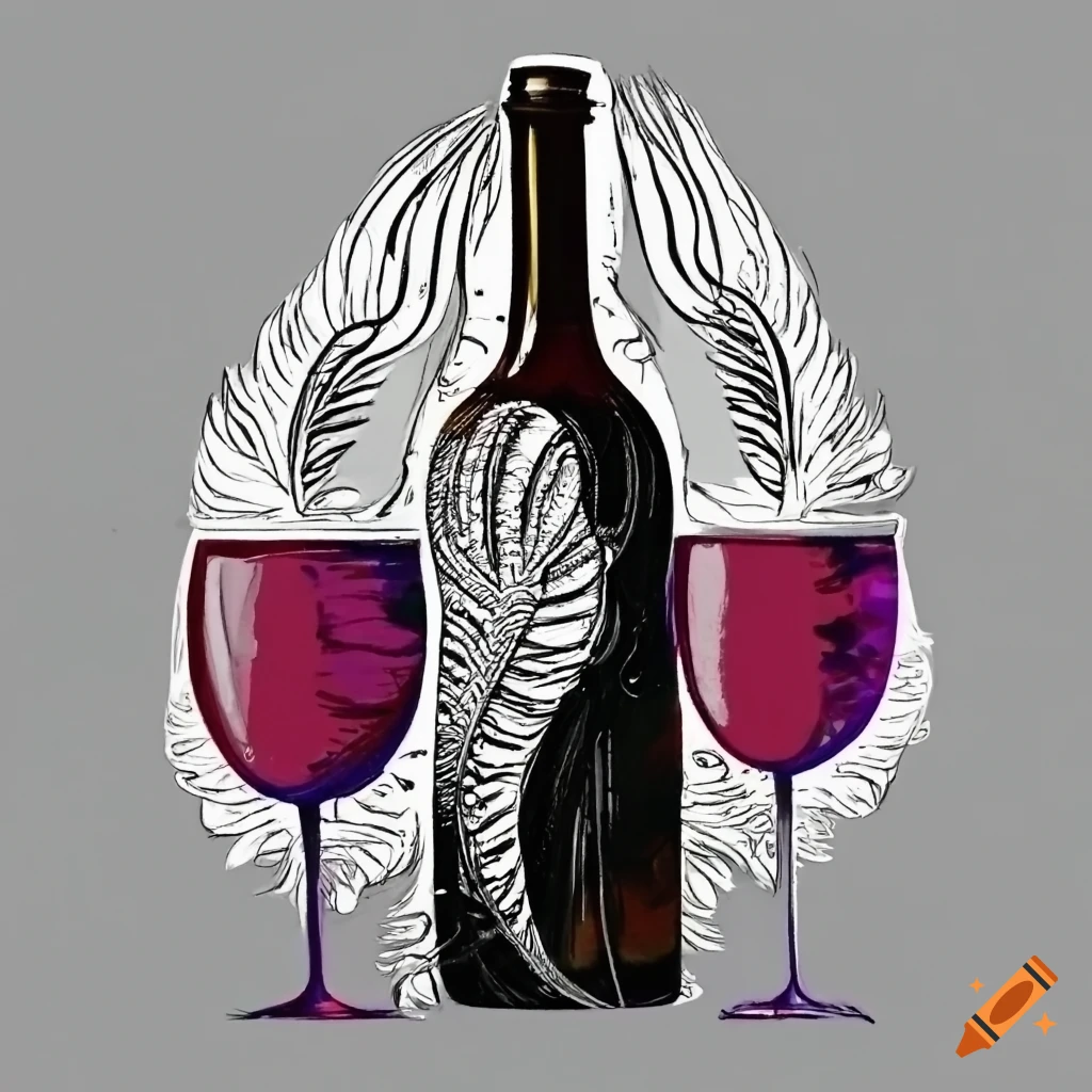 Black and white coloring page wine bottle and wine glasses feathers in the background on