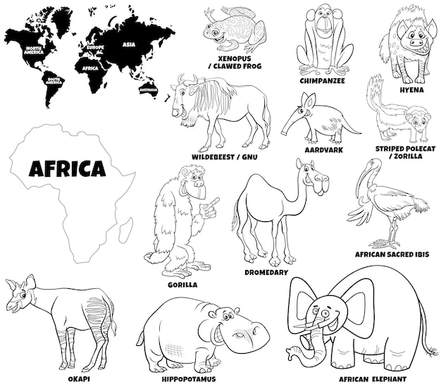 Premium vector cartoon illustration of african animals set and continents shapes coloring book page