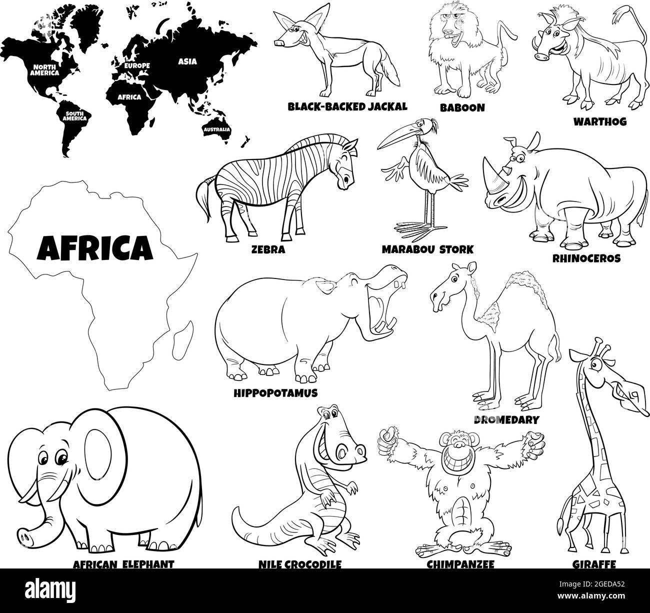 Black and white educational cartoon illustration of african animal characters set and world map with continents shapes coloring book page stock vector image art