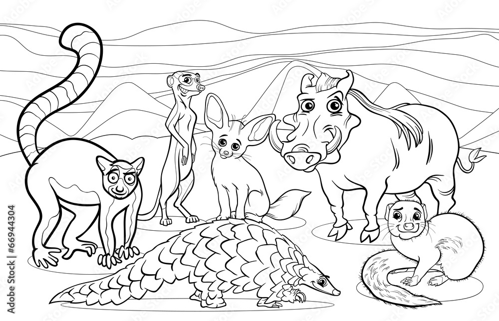 African animals cartoon coloring page vector