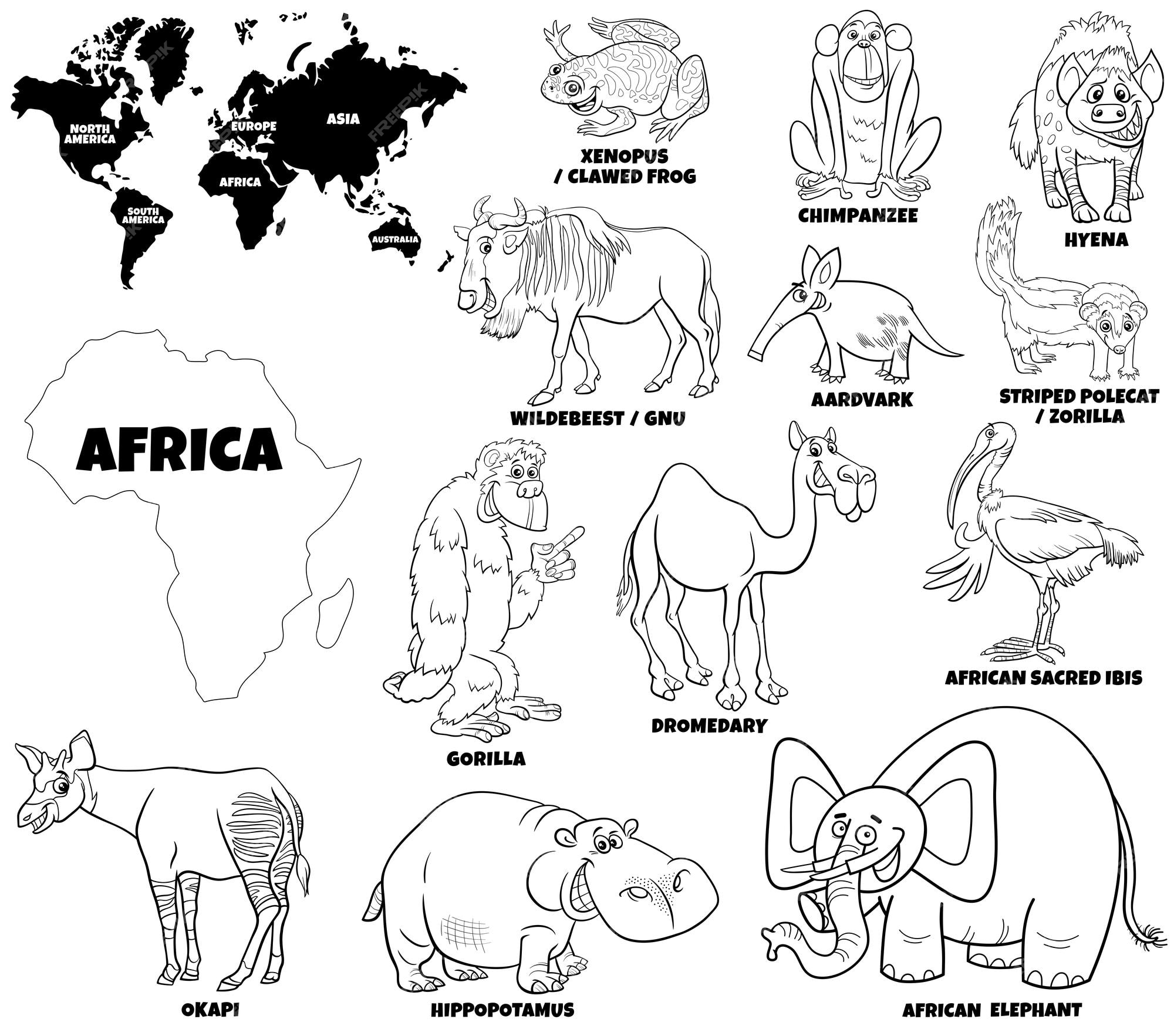 Premium vector cartoon illustration of african animals set and continents shapes coloring book page