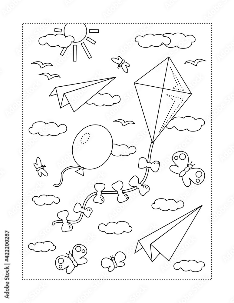 Things that fly in the air coloring page with kite balloon paper planes clouds insects birds vector