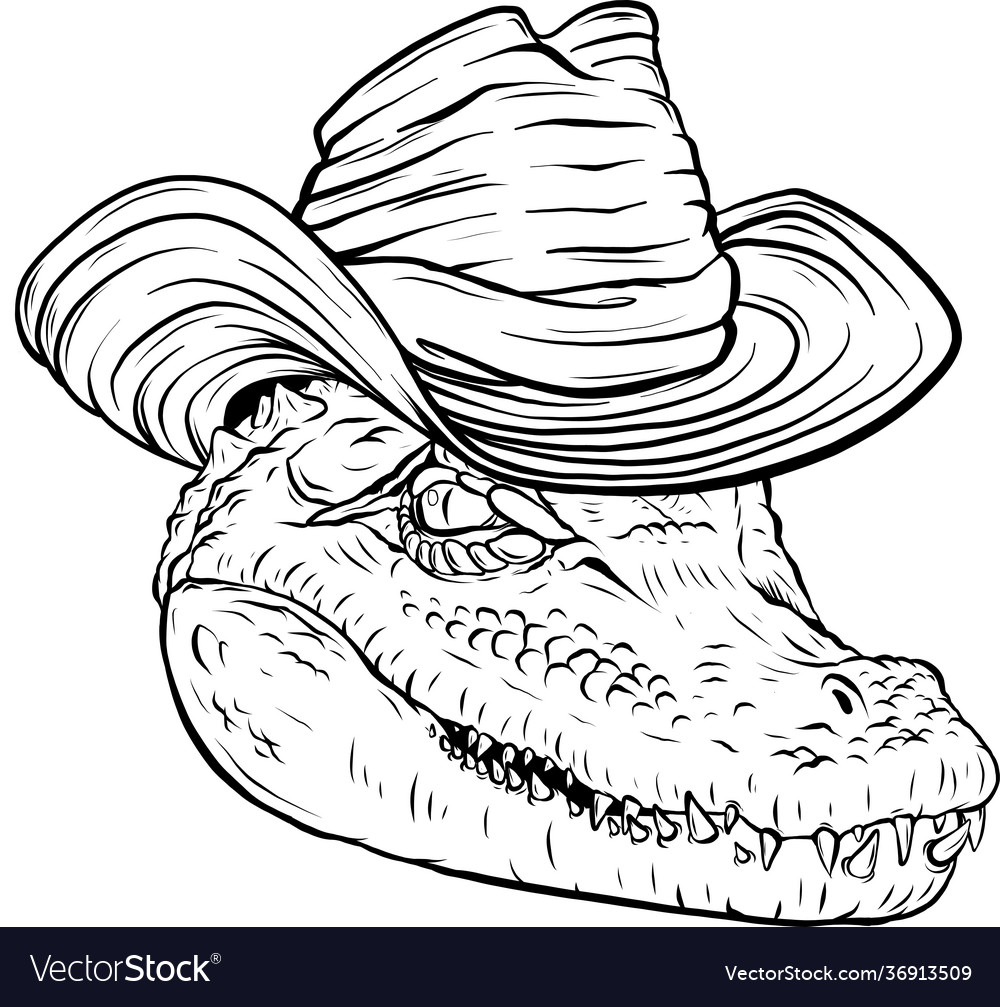 Draw in black and white alligator head with hat vector image