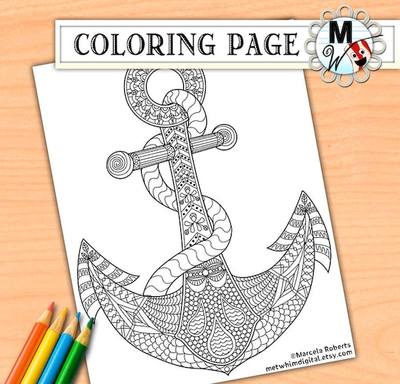 Anchor coloring page for adults anchor adult coloring page instant digital download of a printable nautical coloring page