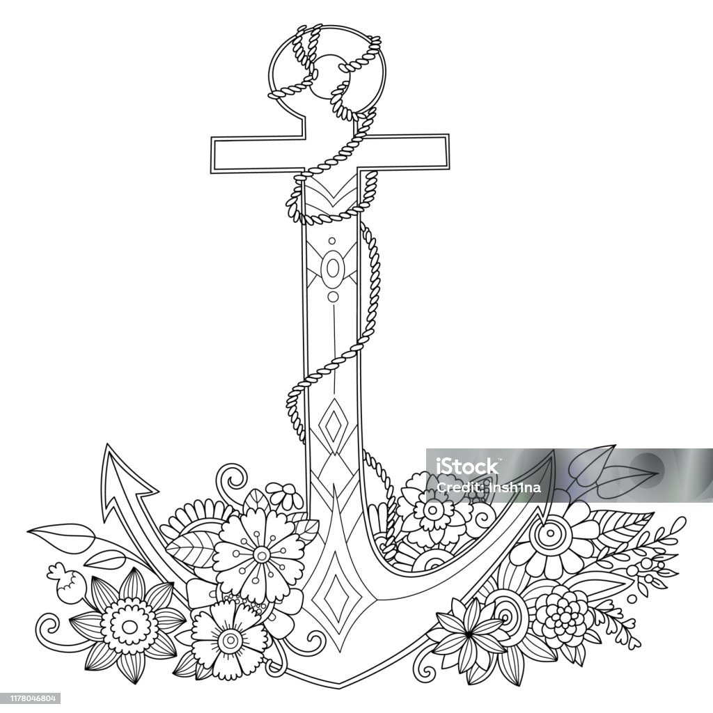 Coloring page with anchor in flowers stock illustration