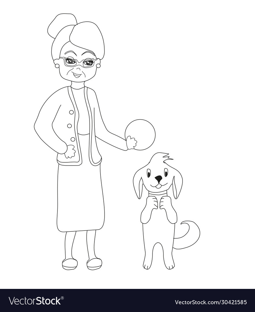 Cartoon old lady with her dog coloring book vector image