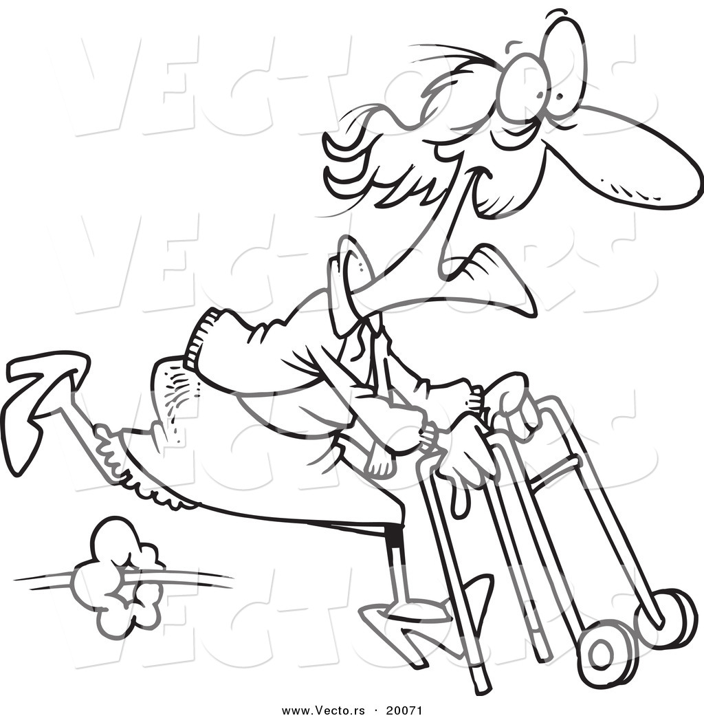 R of a cartoon feisty granny running with a walker