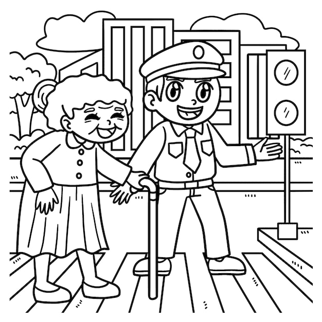 Premium vector police helping old woman coloring page for kids