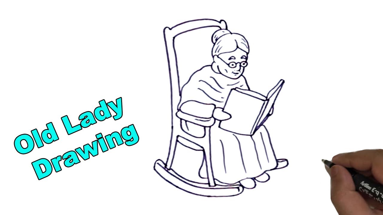 How to draw an old lady line drawing old lady reading a book and sit in on a rocking chair