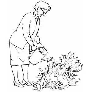 Old woman watering plants coloring page