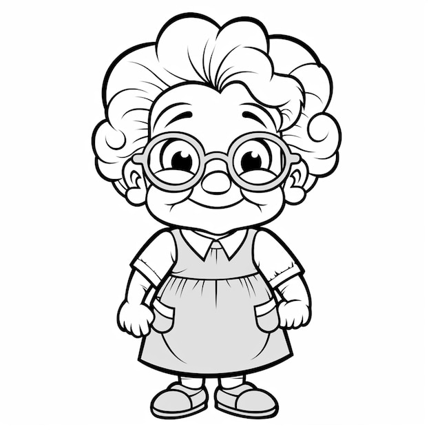 Premium photo cartoon old lady with glasses and dress coloring page generative ai