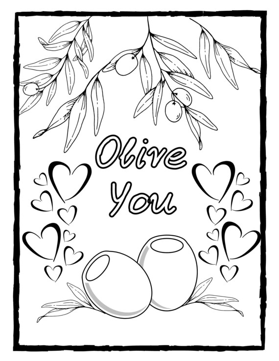 Olive you food pun coloring book page valentines