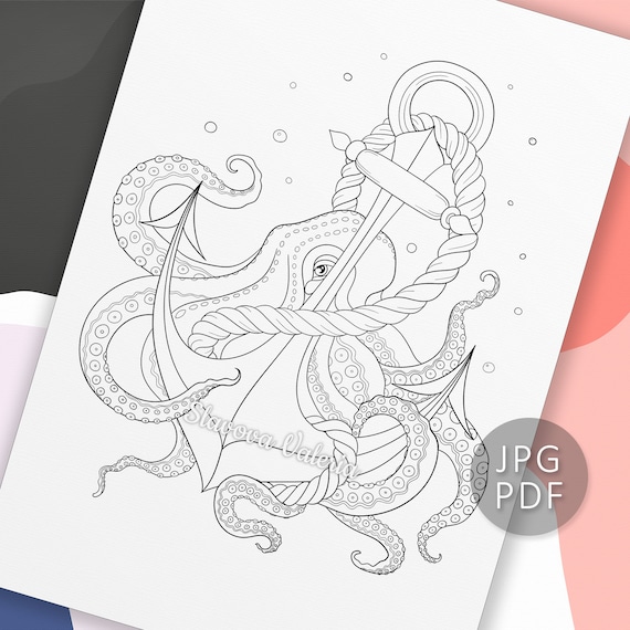 Octopus and anchor coloring page ocean theme coloring page kids crafts adult crafts instant download pdf