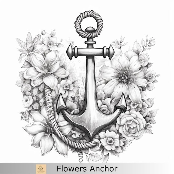 Greyscale floral anchor printable coloring page printable adult coloring page download greyscale illustration png instant download